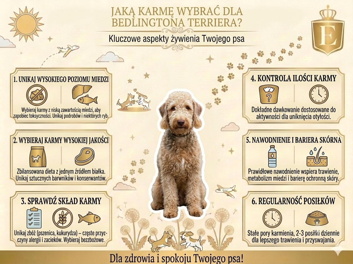 ALT: Infografika przedstawiająca najważniejsze zasady żywienia bedlington terriera. Grafika omawia ograniczanie miedzi w diecie, wybór wysokiej jakości karmy, analizę składu produktu, kontrolę ilości podawanego pożywienia, znaczenie odpowiedniego nawodnienia oraz regularność posiłków. W centralnej części znajduje się pies rasy bedlington terrier, a całość stanowi praktyczny poradnik dotyczący prawidłowego żywienia i zdrowia tej rasy.
